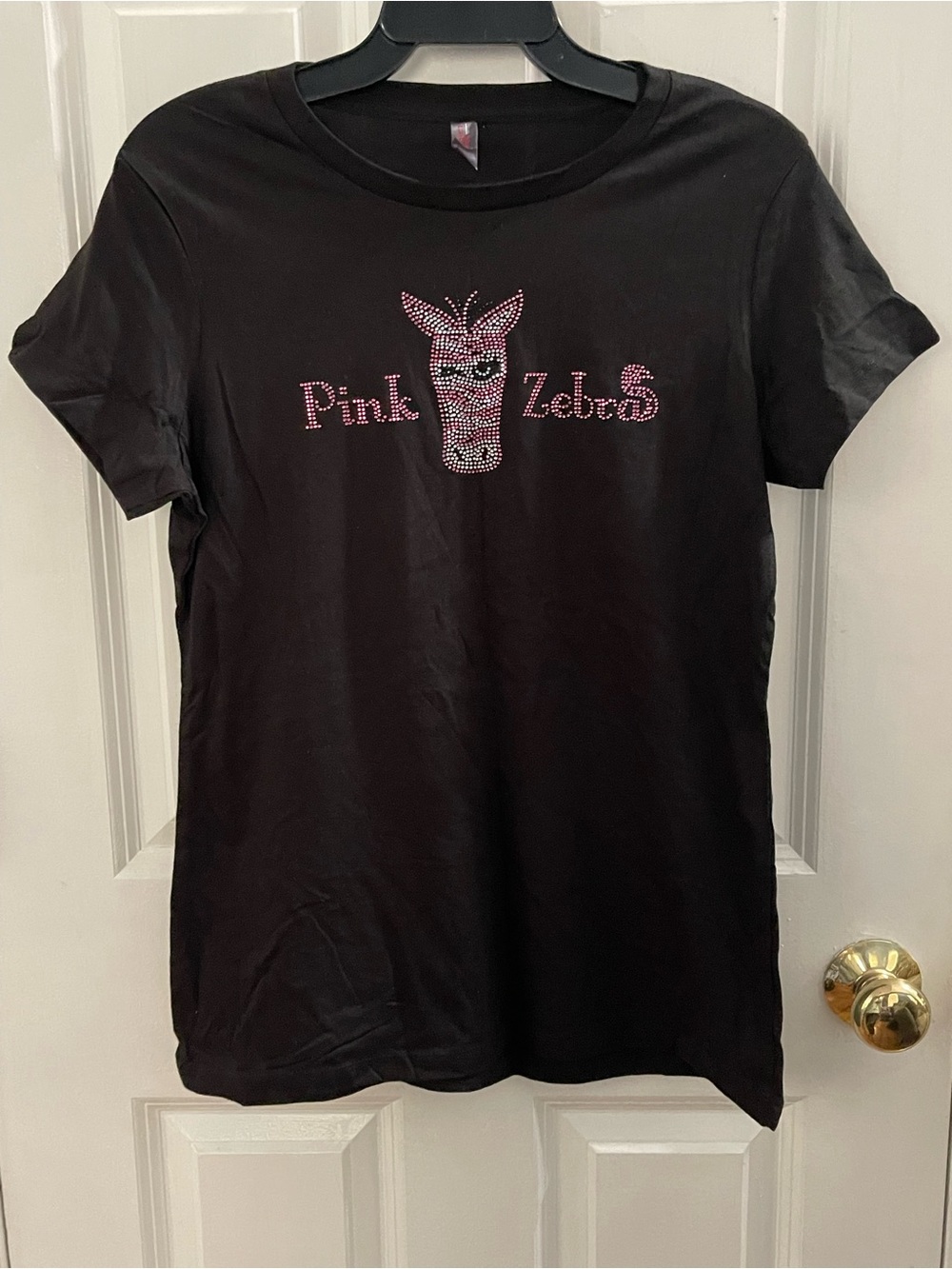 District Black Short Sleeve Tee with Pink Rhinestone Zebra Logo